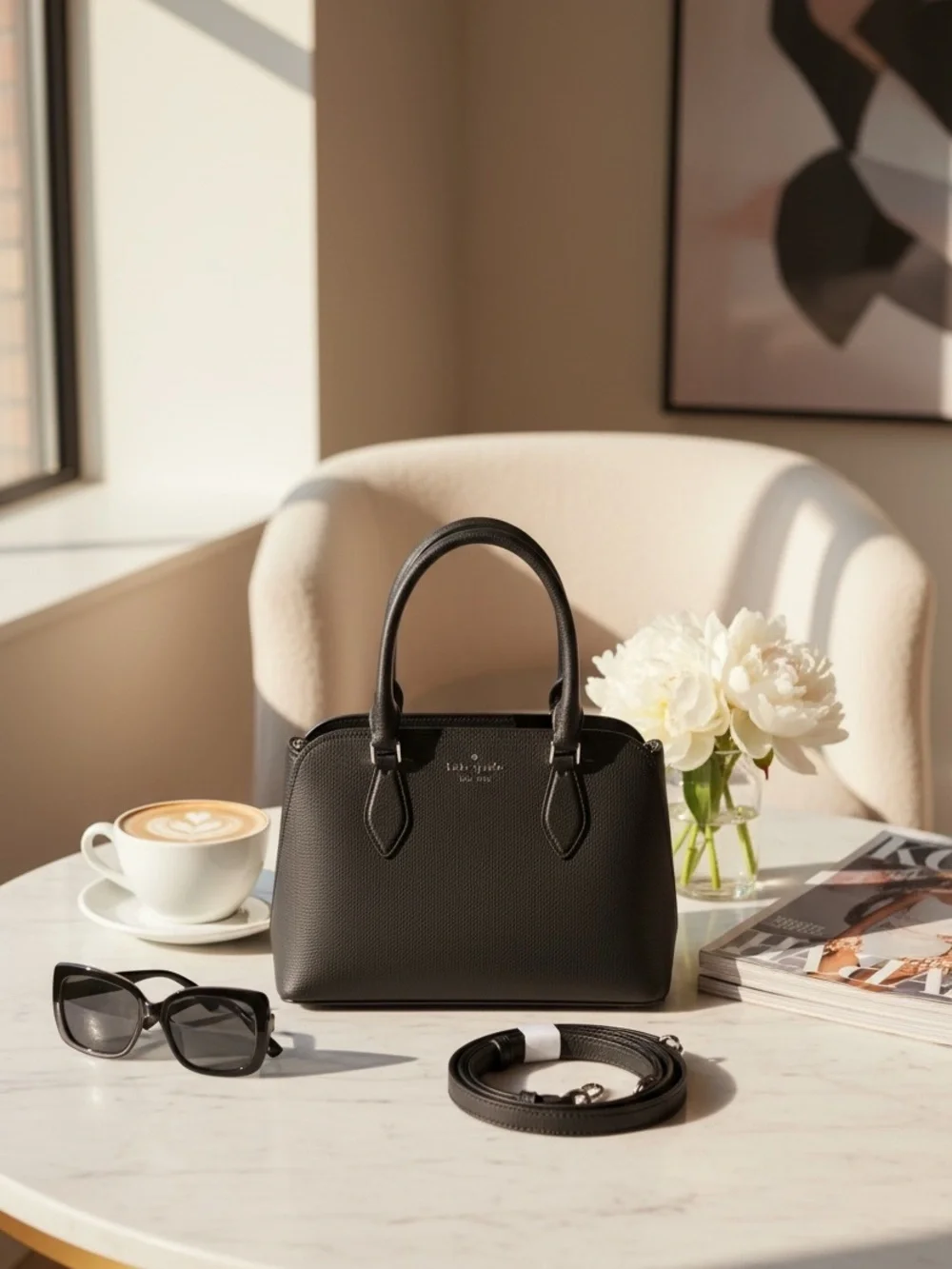 Kate Spade Black Pebbled Leather Satchel Tote Gold Hardware Quiet Luxury